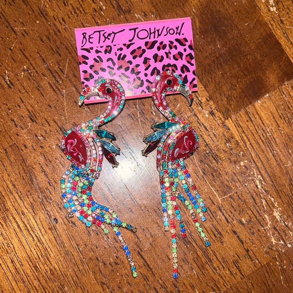 Betsey Johnson Multicolor Bejeweled Flamingo Earrings